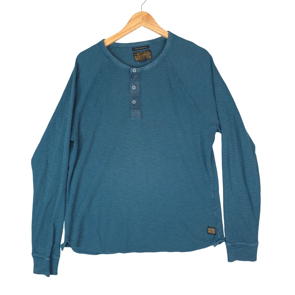 Lucky Brand Henley Shirt Mens XL Blue Slub Thermal Waffle Knit Raglan Sleeve